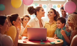 a woman smiles while her family looks on