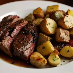 a plate with roast and potatoes on it