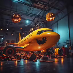 a large yellow airplane in an airplane hanger
