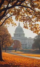 some yellow leaves and trees and a large white building