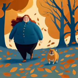 there is a woman walking her dog through the woods