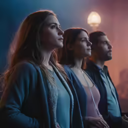 three women and a man are staring on a stage