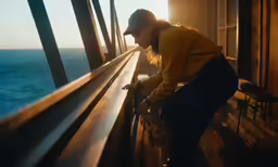 the person is staring at something on a bridge