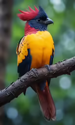 a yellow and blue bird sitting on top of a tree branch