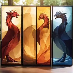 four paneled paintings of a dragon in a vase