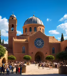 people are standing in front of an old church
