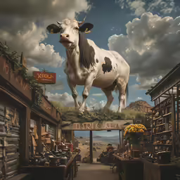 a painting of a cow that is standing on a sign