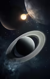 planets flying through the night sky next to their satellites
