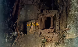 a broken wood burning oven on the ground
