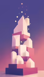 an abstract digital illustration with a building and many tiny bubbles