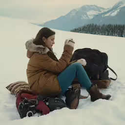 a woman in winter clothes sitting on snow with some hiking equipment