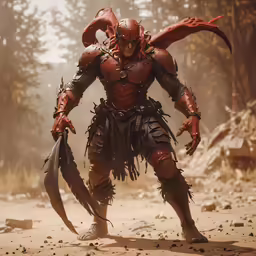 a character with a demon skin and body and head, holding a spear