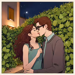 an illustration of a man and a woman embracing,two people are kissing near a bush at night