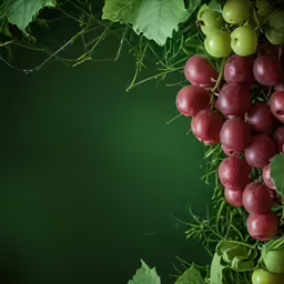 red, green and yellow grapes and leaves arranged together
