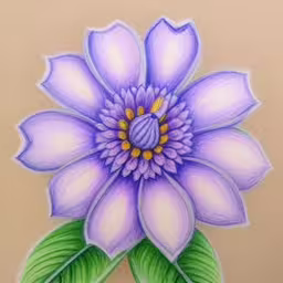 a drawing of a flower with green leaves,a drawing of a flower with green leaves on the bottom,a close - up photo of a purple flower on a tan background,a drawing of a flower with a purple flower petals and leaves,a painting of a purple flower with green leaves