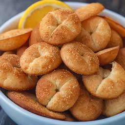 a bowl full of hot dogs and lemons