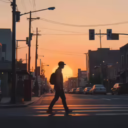 a man crossing the street in front of an orange sky