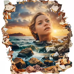 a woman in a photo collage with ocean waves and rocks