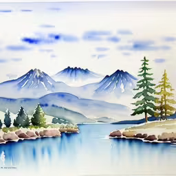 a painting of mountains and water is shown,a painting of a lake and some mountains,watercolor painting of snow covered mountains and trees on a lake,watercolor drawing of mountains and trees, with a lake below,a painting of some snow covered mountains