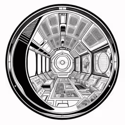 a space station in black and white, taken from inside,a circular mirror reflecting the inside of an elevator room