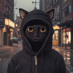 a person in black hoodie and jacket with large yellow eyes