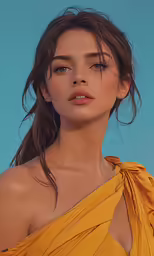 a woman wearing a yellow dress posing for the camera