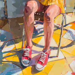 this is an image of woman with sneakers,a painting of a person sitting in a chair with tennis shoes