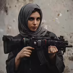 a woman holding a camera with a camera on her arm