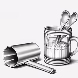 pencil drawing of a measuring cup, spoons and measuring tape