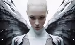 a girl with big black wings looking directly into the camera