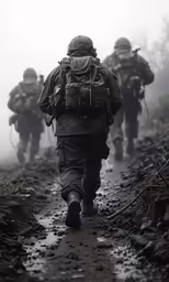 soldiers hiking through a foggy forest with packs on