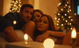 two people cuddling on a couch with lighted christmas trees in the background