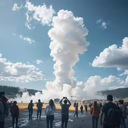 a group of people are standing next to an active geyser