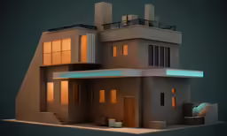 a 3d rendering of a two story house with large windows