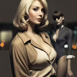 two female models in tan and black outfits