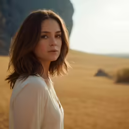 a beautiful young woman stands in the middle of a desert