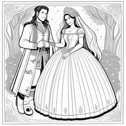 two people in historical costumes coloring page,princess and prince are standing side by side in black and white