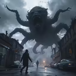 the giant squid character stands in front of two people on a wet street