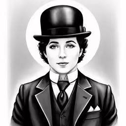 a woman in black suit and top hat