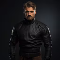a man in a leather outfit on a black background,a man in leather outfit poses for a photo