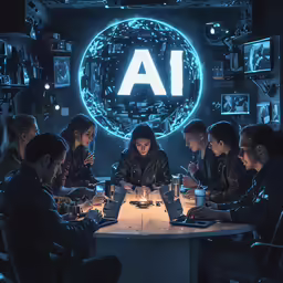 a group of young men sitting at a table with a glowing a in the middle