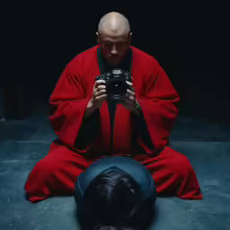 a person with a camera in his hand and another person on the floor next to him