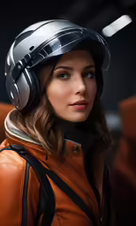 a woman with brown leather jacket and black helmet
