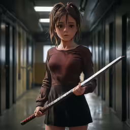 a woman holding two swords inside an indoor corridor