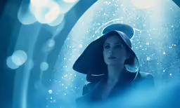 a woman wearing a hat and rain jacket stands in front of a blue light