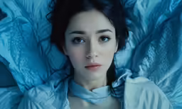 an up close portrait of a young woman in a blue robe and white collar