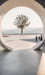 some people standing inside of a stone structure