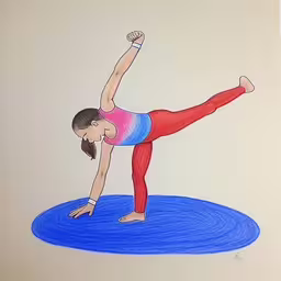 the girl is practicing on the blue mat,a drawing of a woman in red tights and tank top doing yoga on the ground