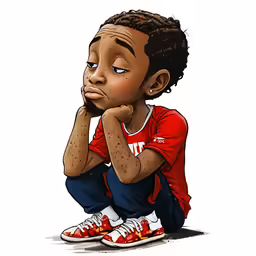 a drawing of a boy with a red shirt sitting on the ground