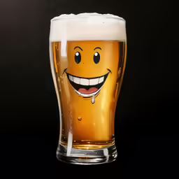 a beer glass with an emo face on it